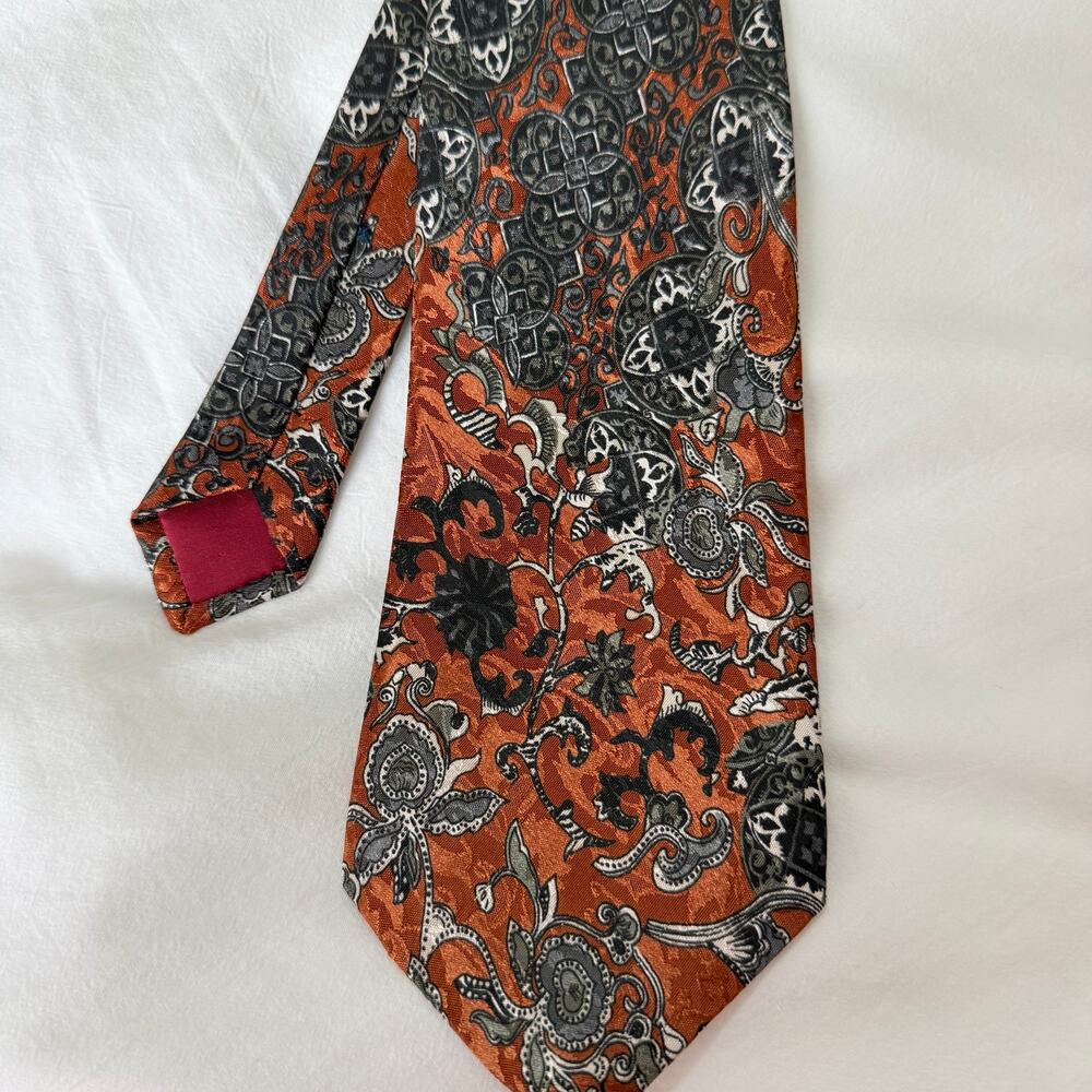NINA RICCI Paris‎ Silk Necktie Floral Damask Baroque Print Rust Orange Luxury